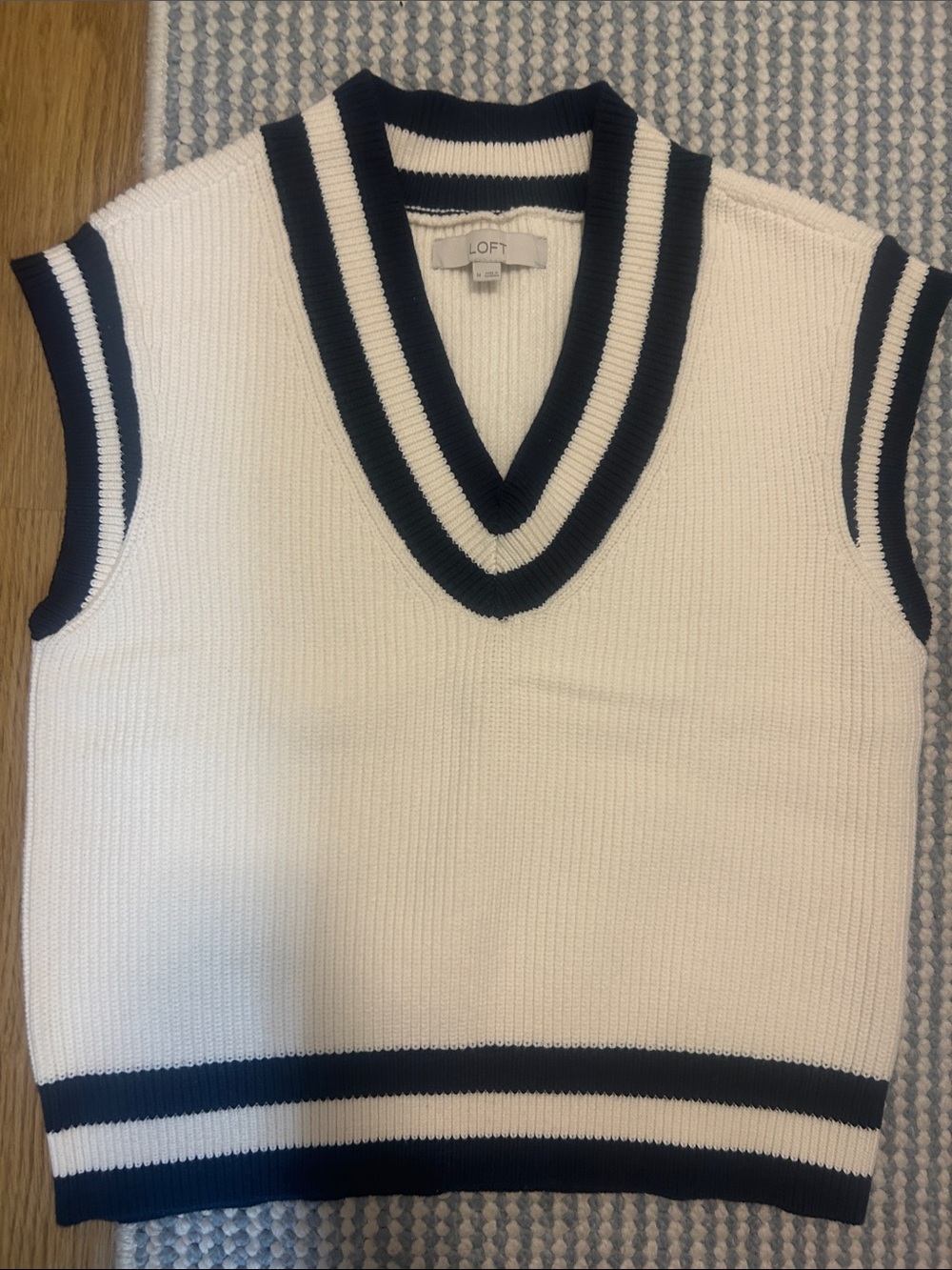 LOFT White Sweater Vest with Navy Trim V-Neck